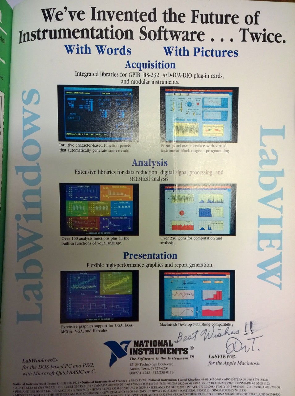 National Instruments LabWindows and LabVIEW advertisement, inscribed Best Wishes!! Dr T.